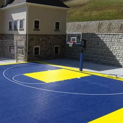 HomeCourt Sport Tile 1/2 Inch X 1x1 Ft. -Greatmats Shop homecourt tile install blue yellow basketball.jpg